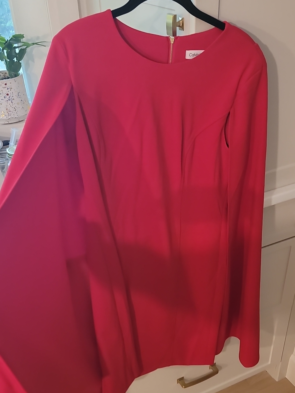 Calvin Klein Bright Red Long-Sleeve Shift Dress Cape Overlay